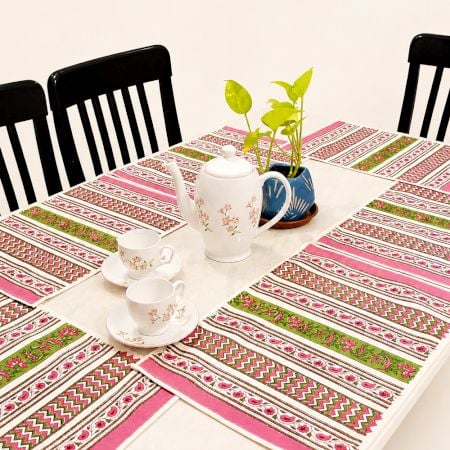 Pink Stripe Handmade Canvas Cotton Table Mat Set